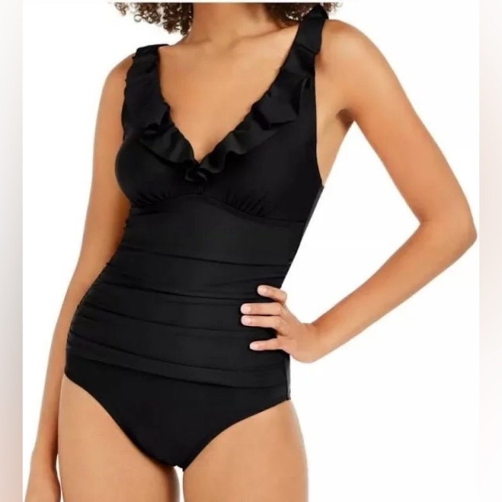 DKNY Black Ruffle One-Piece Swimsuit